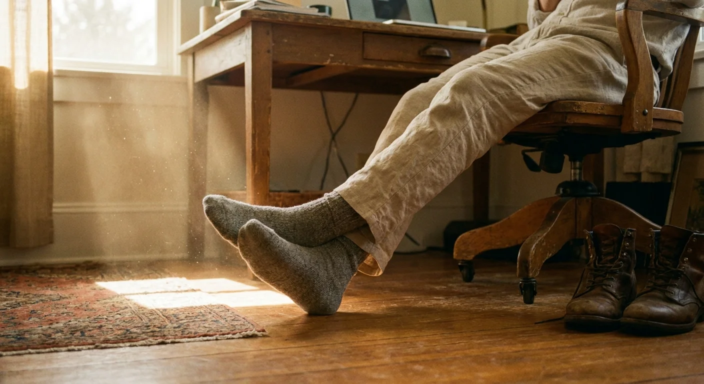 A low-angle photo of a person's legs stretched out under a desk in a sunlit home office, suggesting long periods of inactivity.
