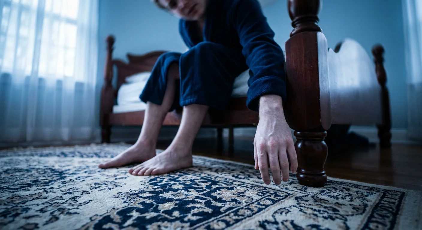 A low-angle photo of someone gripping a bedpost for balance after standing up, conveying a sense of dizziness.