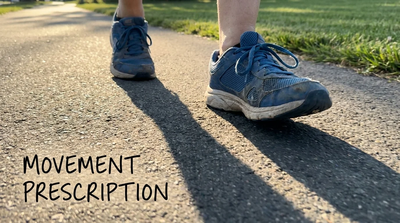 A low-angle shot of a person's feet in sneakers walking on a sidewalk during sunset.