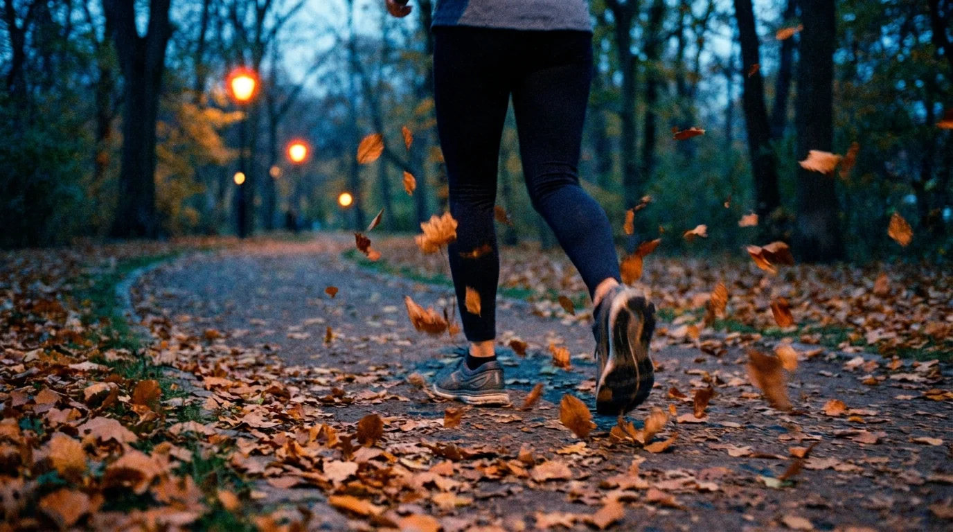 A low-angle shot of a person's legs walking briskly through fallen autumn leaves in a park during twilight.