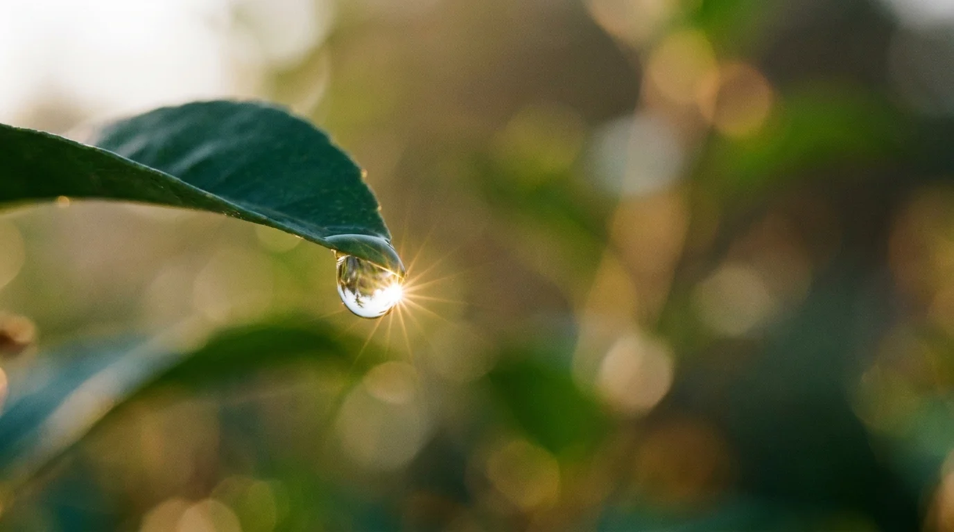 A macro photo of a single dewdrop on a green leaf with golden morning light creating a small lens flare.