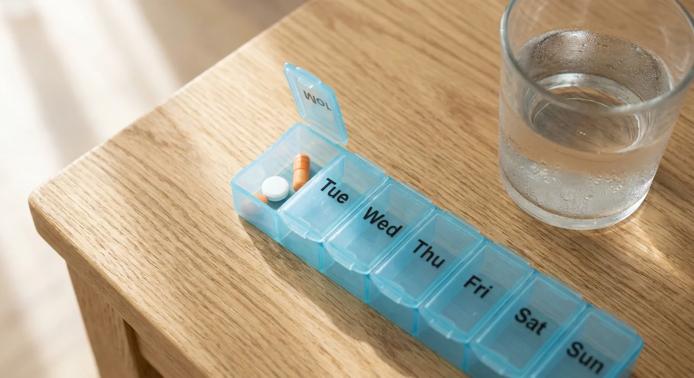 A macro photograph of a weekly pill organizer and a glass of water on a wooden table.
