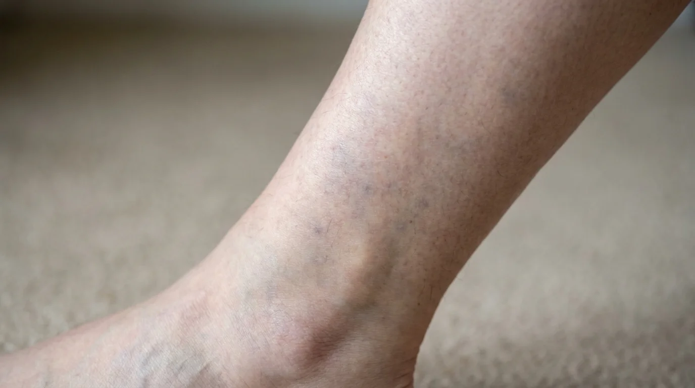 A macro photograph of skin on a lower leg showing subtle blue and purple discoloration.