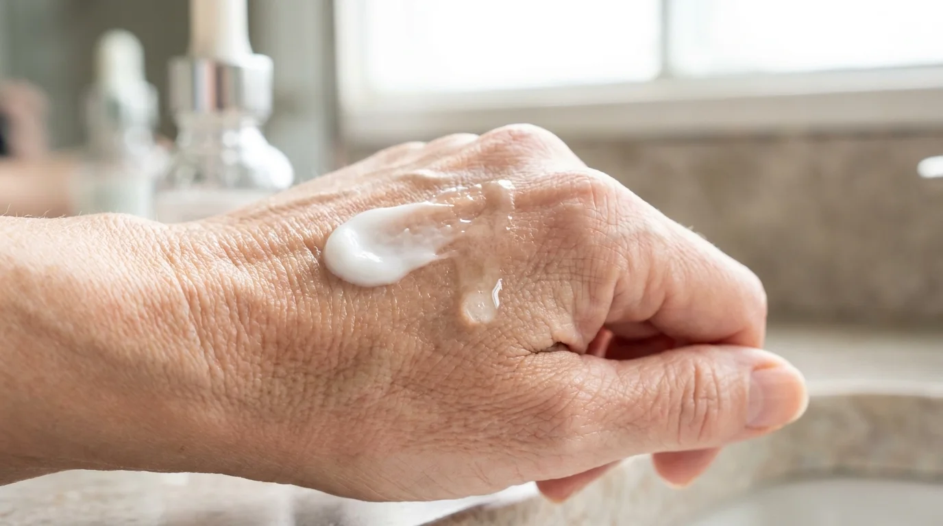 A macro shot of a hand in its 60s receiving a drop of hydrating serum, showing skin texture and moisture.