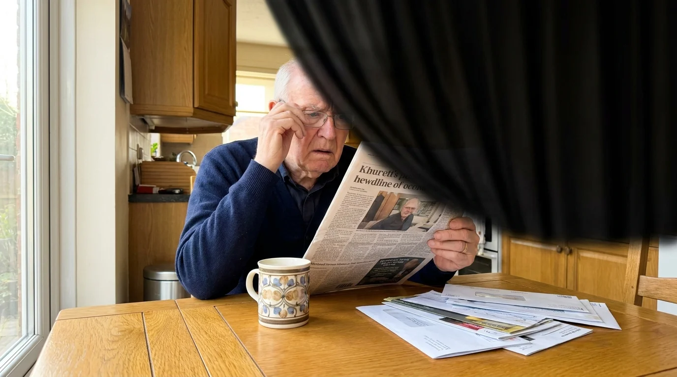 A man at a kitchen table with a dark, opaque shadow covering part of his vision, simulating a retinal curtain.