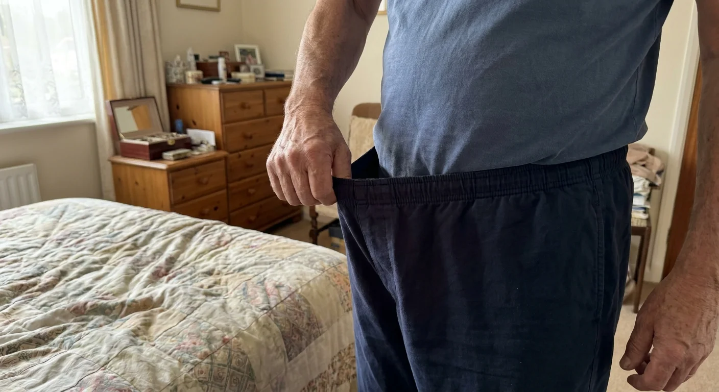 A man at home holds out the waistband of his loose trousers, demonstrating unexplained weight loss.