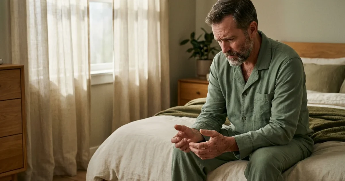 A man in his 40s sits on his bed in soft morning light, examining his hands with a look of thoughtful concern about his health.