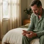 A man in his 40s sits on his bed in soft morning light, examining his hands with a look of thoughtful concern about his health.