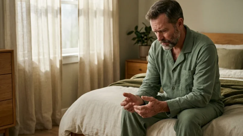 A man in his 40s sits on his bed in soft morning light, examining his hands with a look of thoughtful concern about his health.