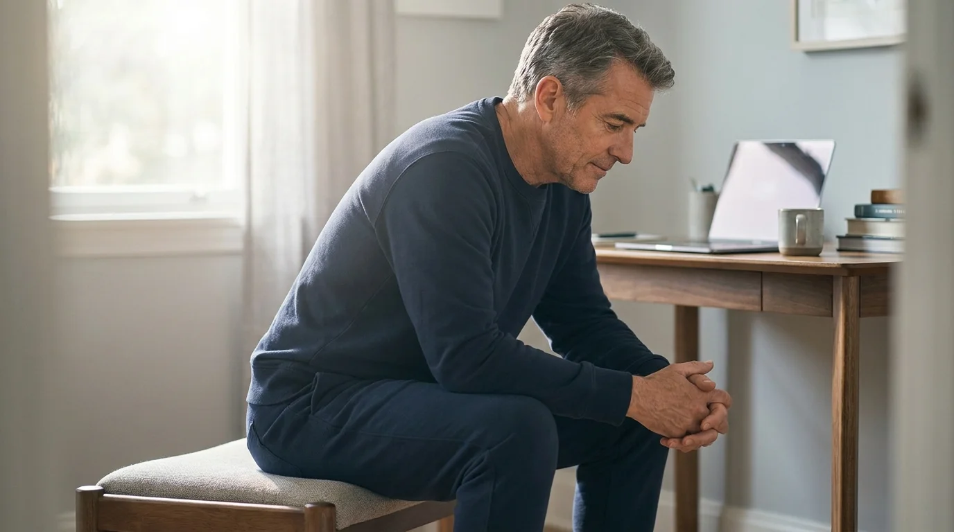 A man in his 50s does a gentle stretch in his home office, demonstrating active recovery and movement modification.