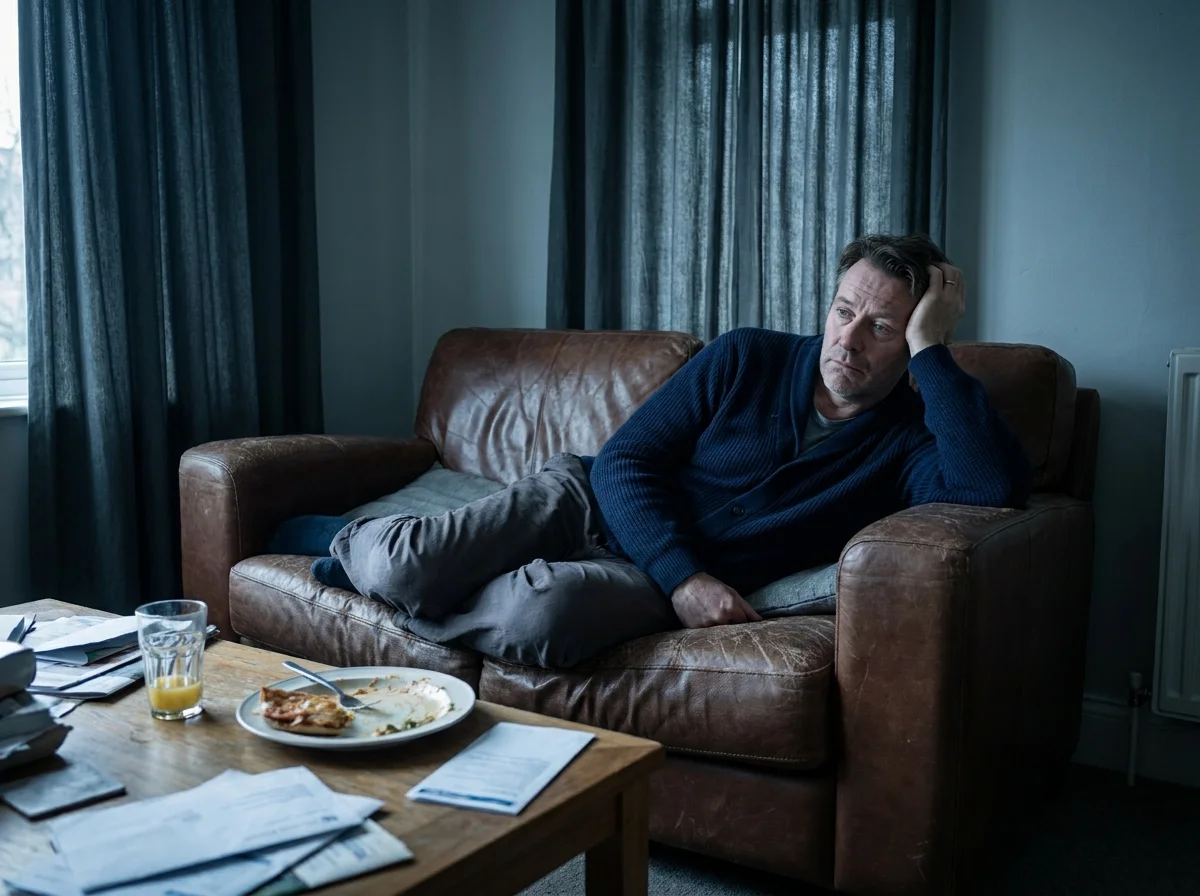 A man in his 50s sits slumped on a leather sofa in a dimly lit room, looking exhausted and staring blankly into space.