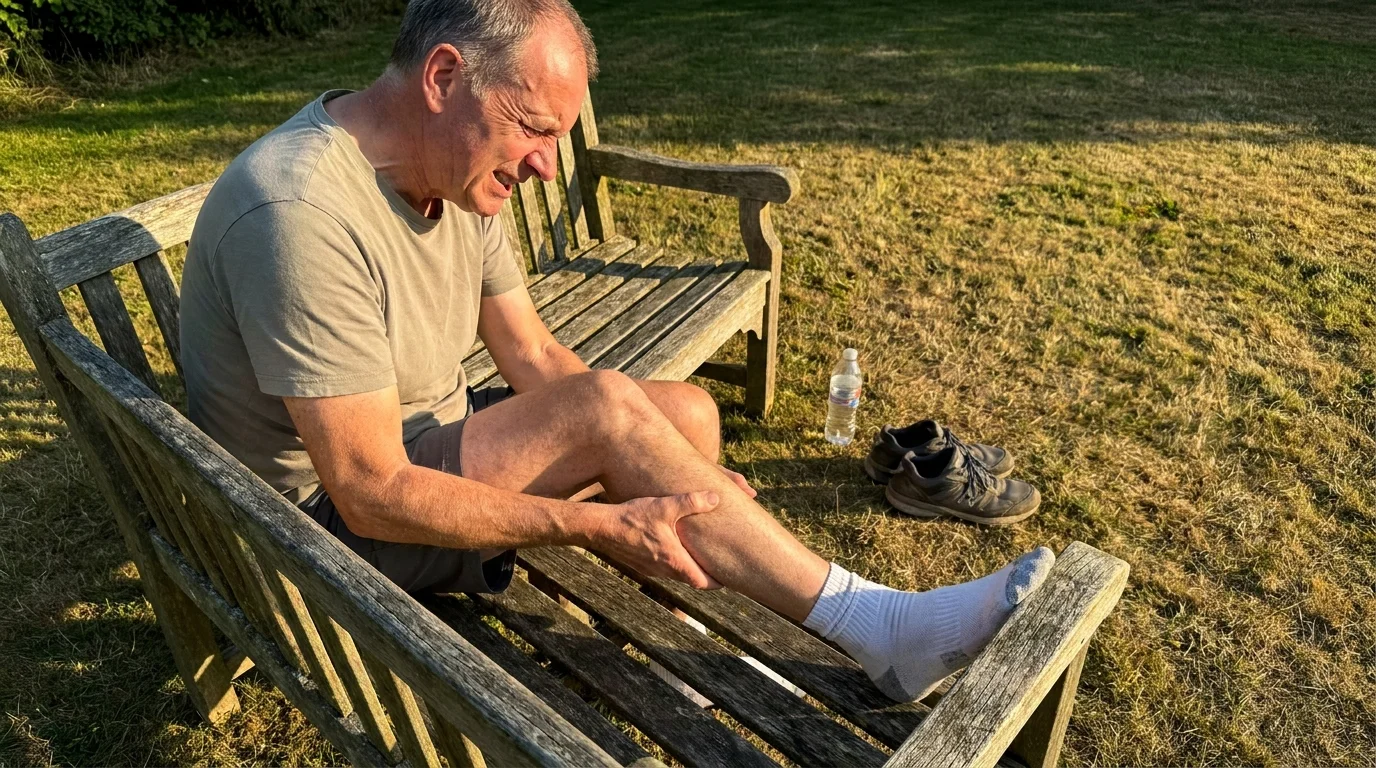 A man in his 60s massaging a sore calf muscle while sitting on a garden bench after a walk.