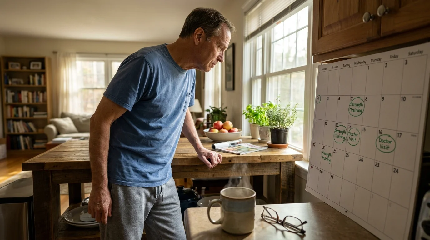 A man in his 60s standing in his kitchen, looking at a calendar with health and exercise appointments.