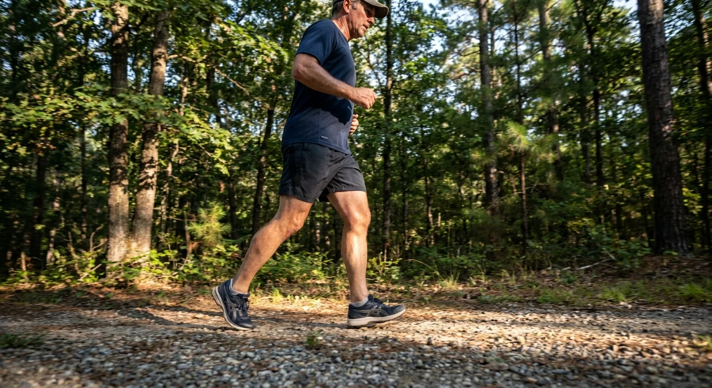 A man in his 60s walks briskly on a forest path with dappled sunlight, illustrating active movement for metabolic health.
