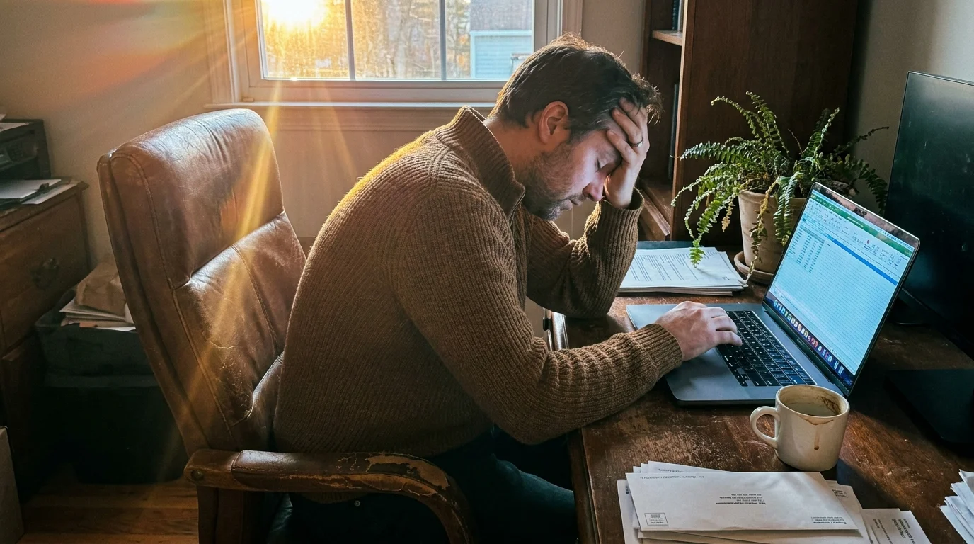 A man looking exhausted and slumped over his desk in a sunlit home office.