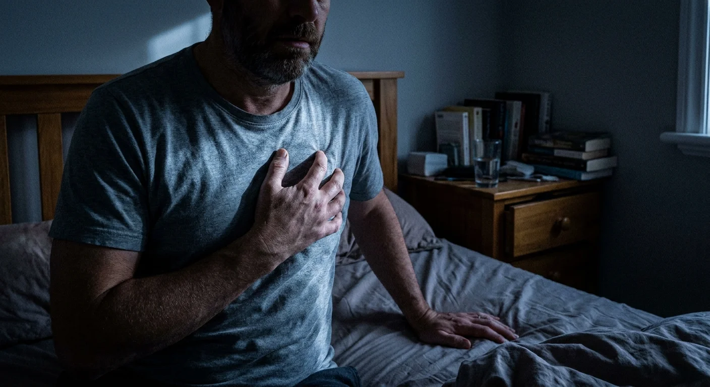 A man sits up suddenly in bed at night, hand to his chest, appearing to gasp for air in a dimly lit room.