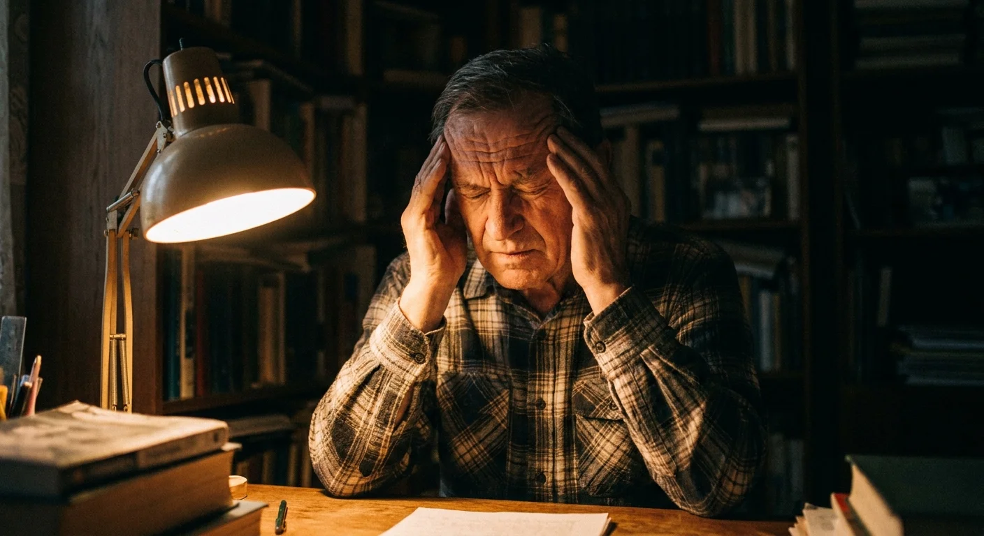 A man sitting at a desk with his hands pressed to his temples, depicting a severe headache.
