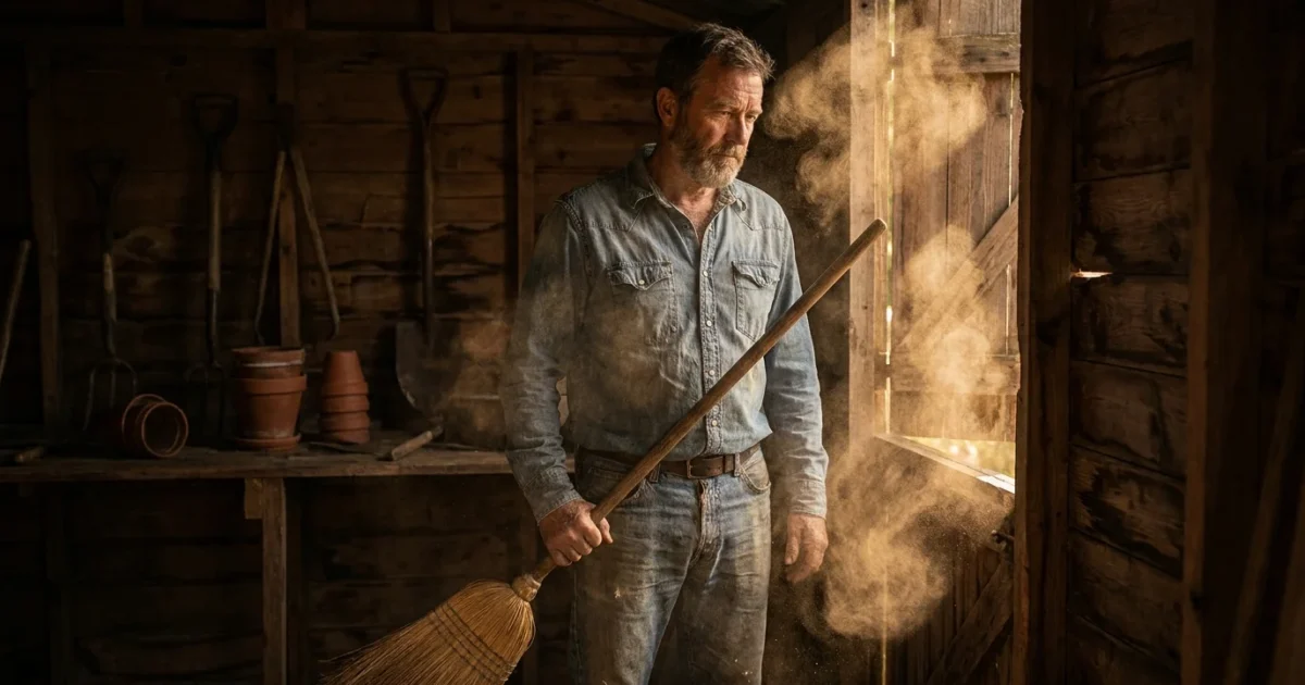 A man sweeps a dusty corner of a sunlit rural shed, illustrating the moment hantavirus particles become airborne and inhalable.