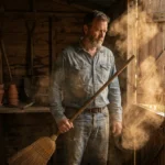 A man sweeps a dusty corner of a sunlit rural shed, illustrating the moment hantavirus particles become airborne and inhalable.