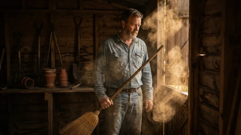 A man sweeps a dusty corner of a sunlit rural shed, illustrating the moment hantavirus particles become airborne and inhalable.