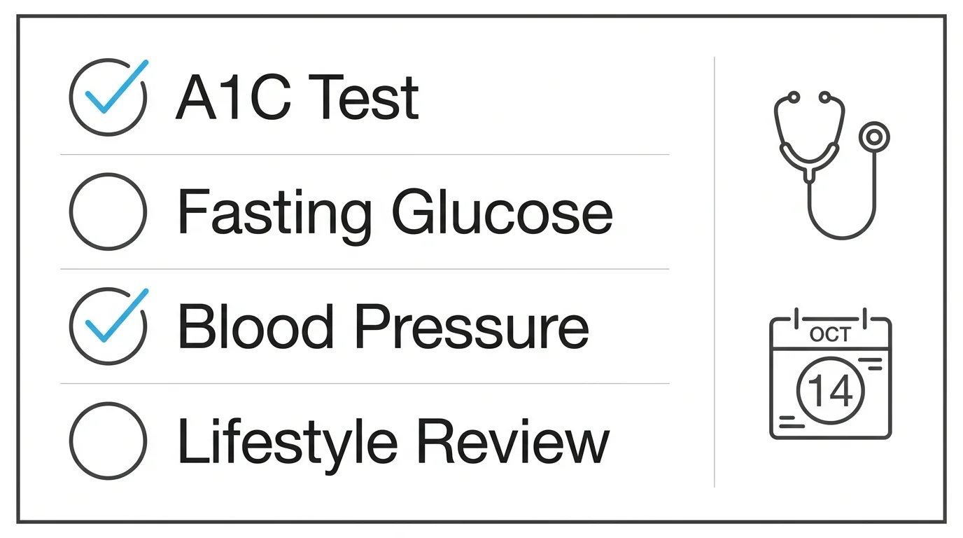 A medical checklist showing A1C tests and fasting glucose as points to discuss with a doctor.