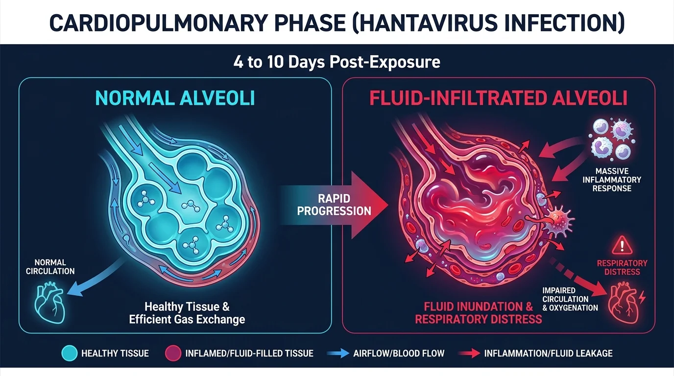 A medical comparison diagram showing healthy lung sacs versus those filled with fluid due to hantavirus inflammation.