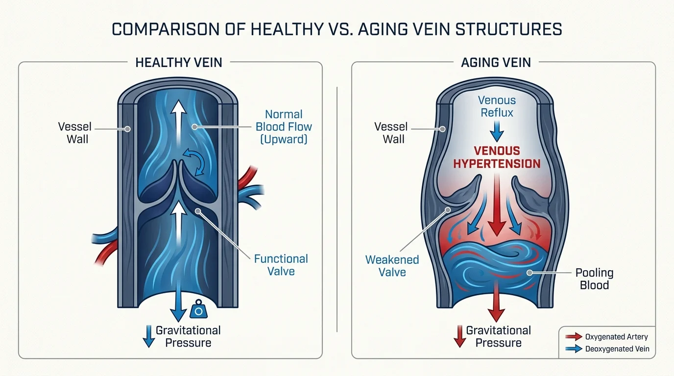 A medical diagram comparing a healthy vein valve with a weakened valve that allows blood to pool.