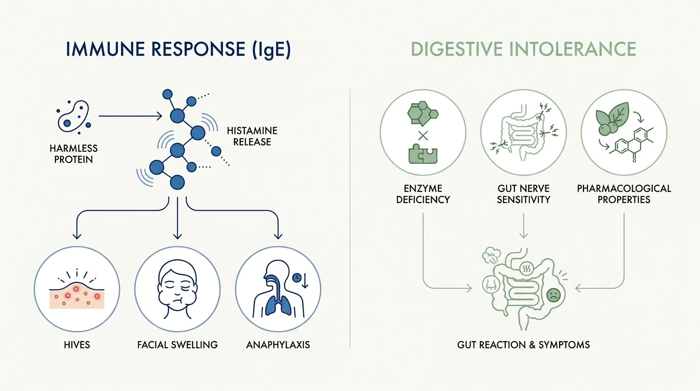 A medical diagram comparing the triggers and symptoms of an IgE-mediated immune response versus a digestive intolerance.
