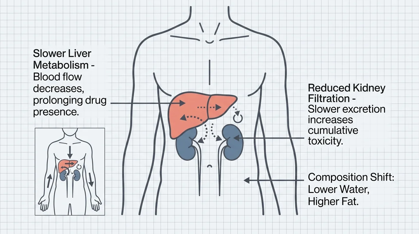 A medical diagram showing how the liver and kidneys process drugs more slowly in older adults.