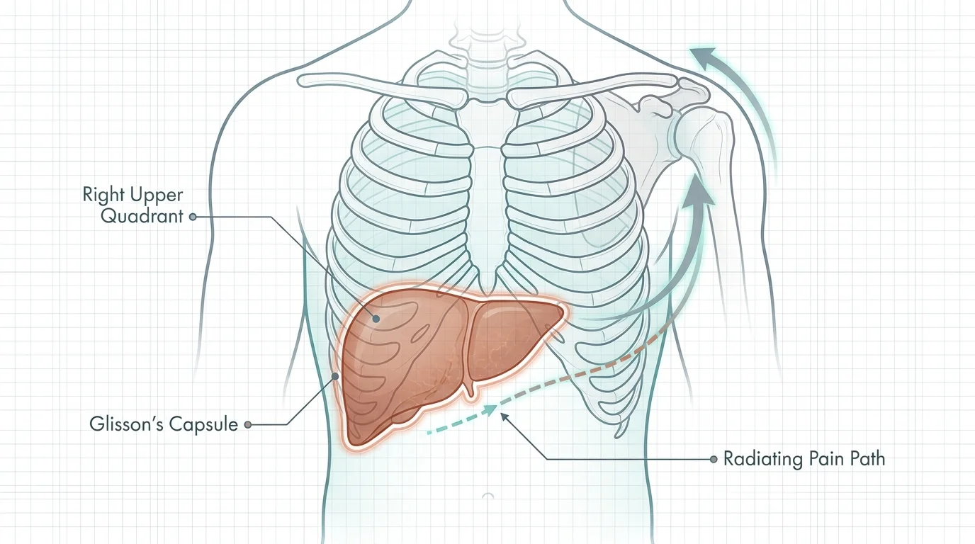 A medical diagram showing the liver's location in the right upper quadrant with labels for Glisson's capsule and radiating pain paths.