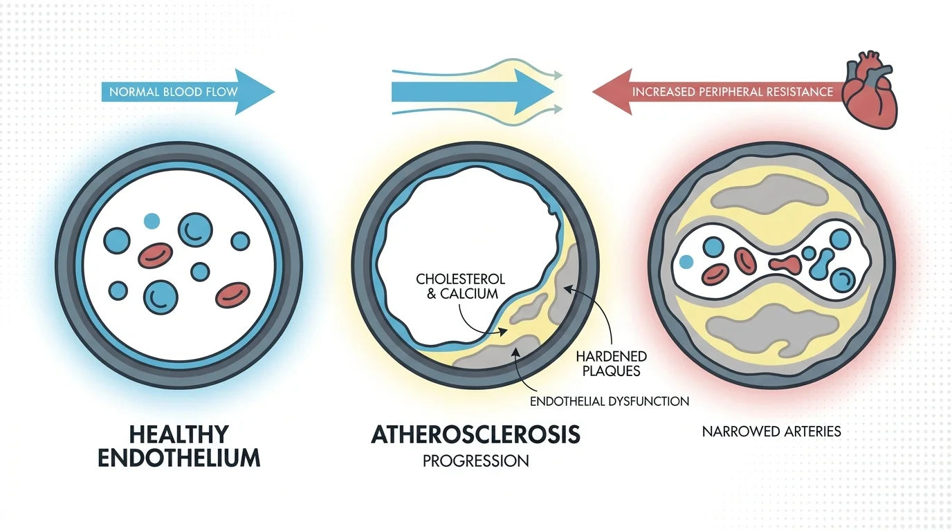 A medical diagram showing the progression of arterial plaque buildup and its impact on blood flow resistance.