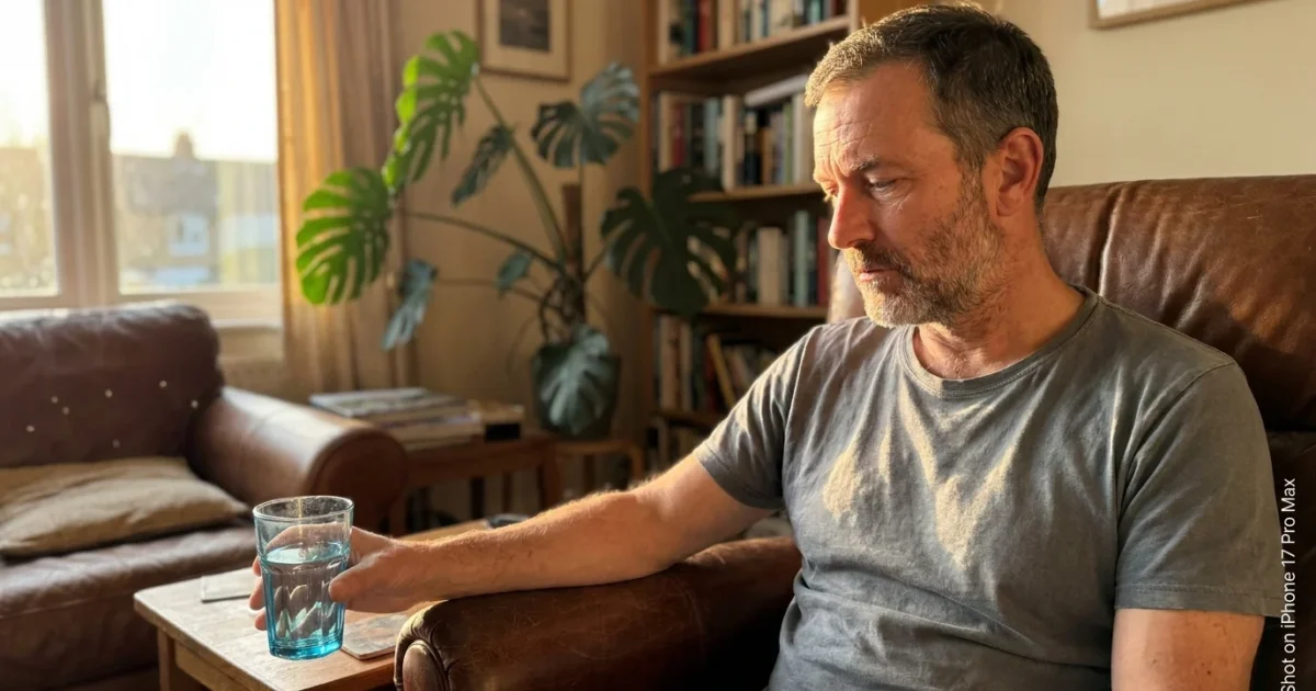 A middle-aged man sits in a sunlit living room looking thoughtfully at a glass of water, appearing tired but resilient.