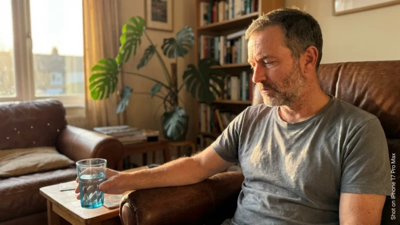 A middle-aged man sits in a sunlit living room looking thoughtfully at a glass of water, appearing tired but resilient.