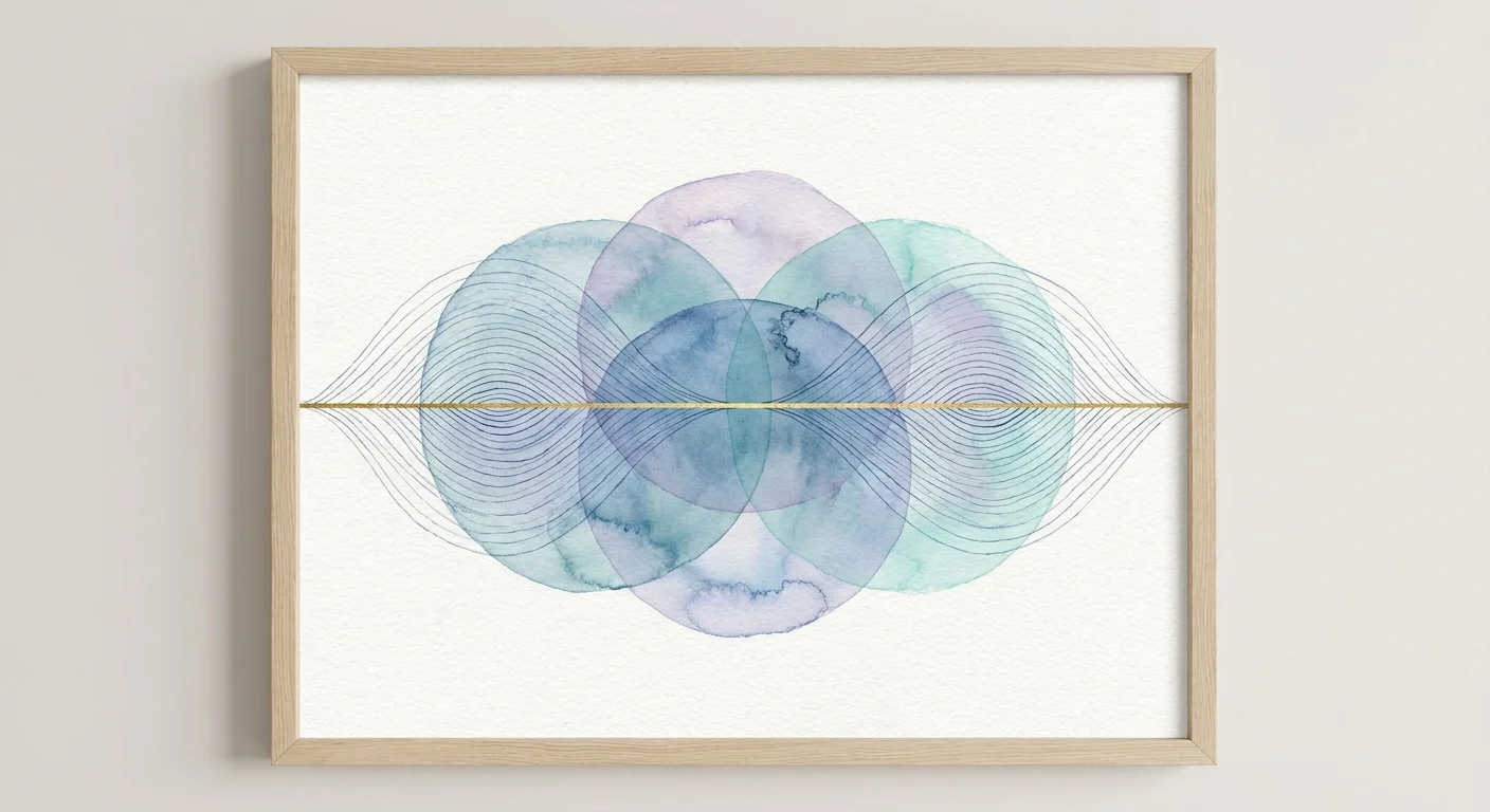 A minimalist abstract watercolor with overlapping blue and teal circles and a single horizontal gold line in the center.