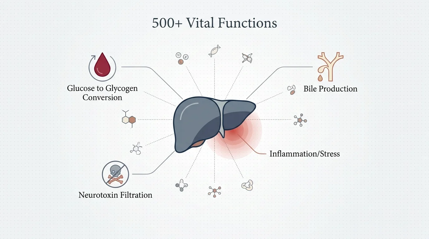 A minimalist diagram of the liver as a hub with labels for '500+ Vital Functions' and 'Neurotoxin Filtration'.