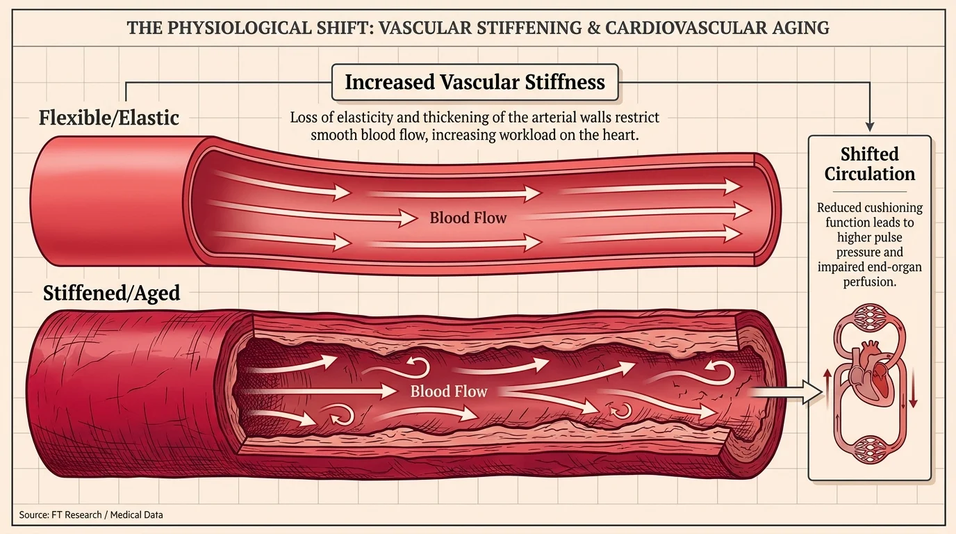 A minimalist diagram showing the difference between an elastic artery and a stiffened one.