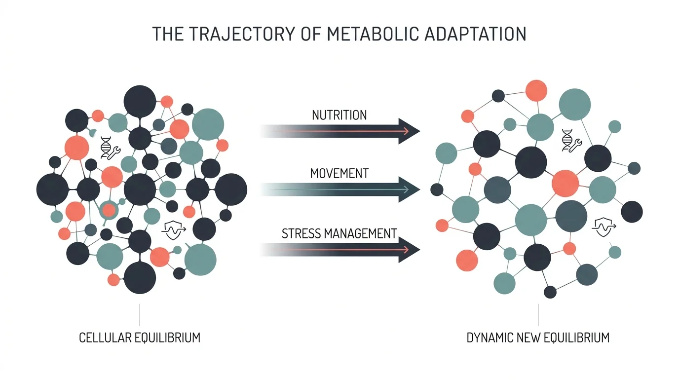 A minimalist diagram showing the shift from cellular equilibrium to a new dynamic equilibrium through lifestyle interventions.