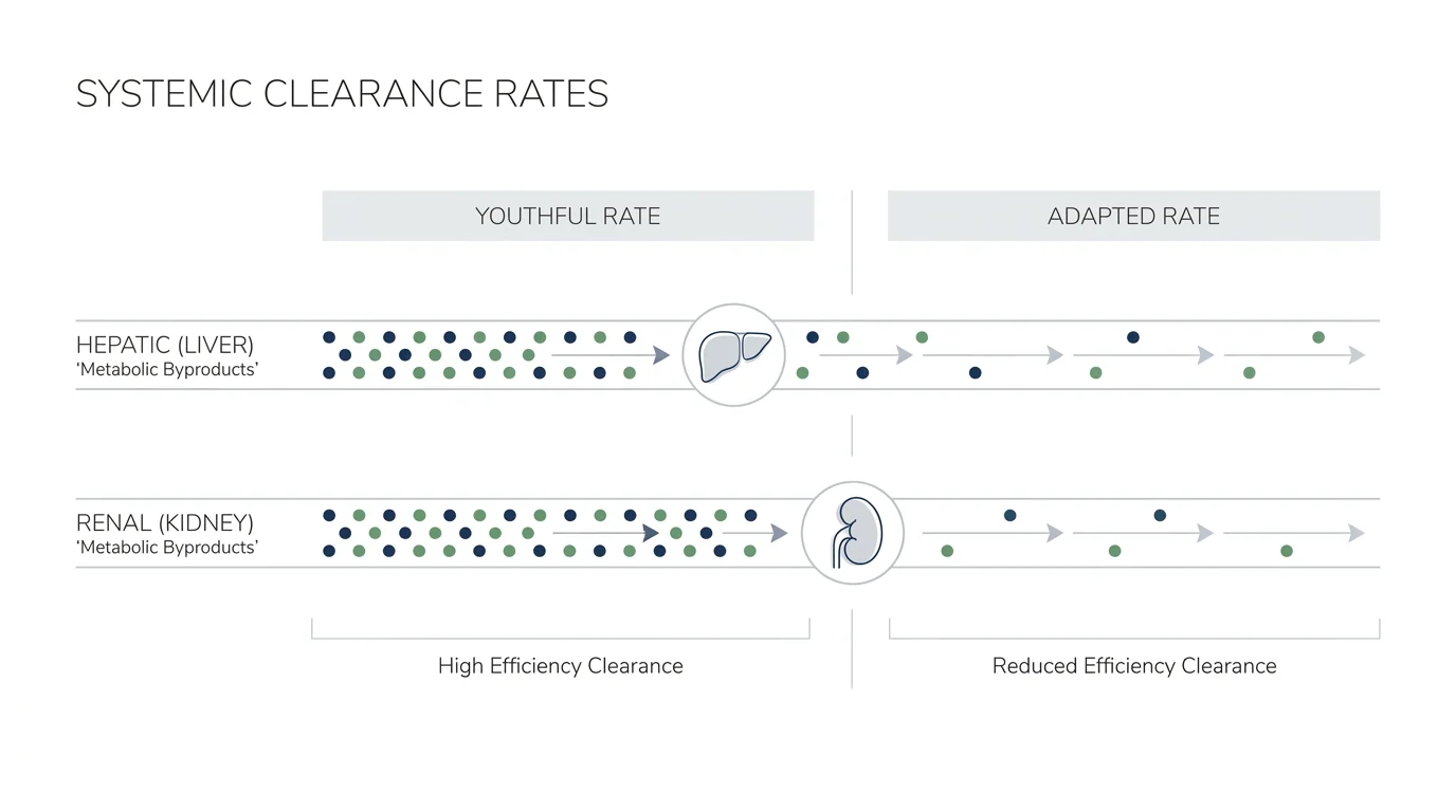A minimalist flowchart showing the filtering rates of the liver and kidneys across different stages of life.