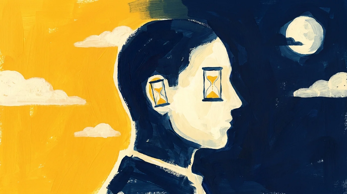 A minimalist gouache painting of a silhouette with hourglasses in the eyes and ears, representing slow sensory adaptation.