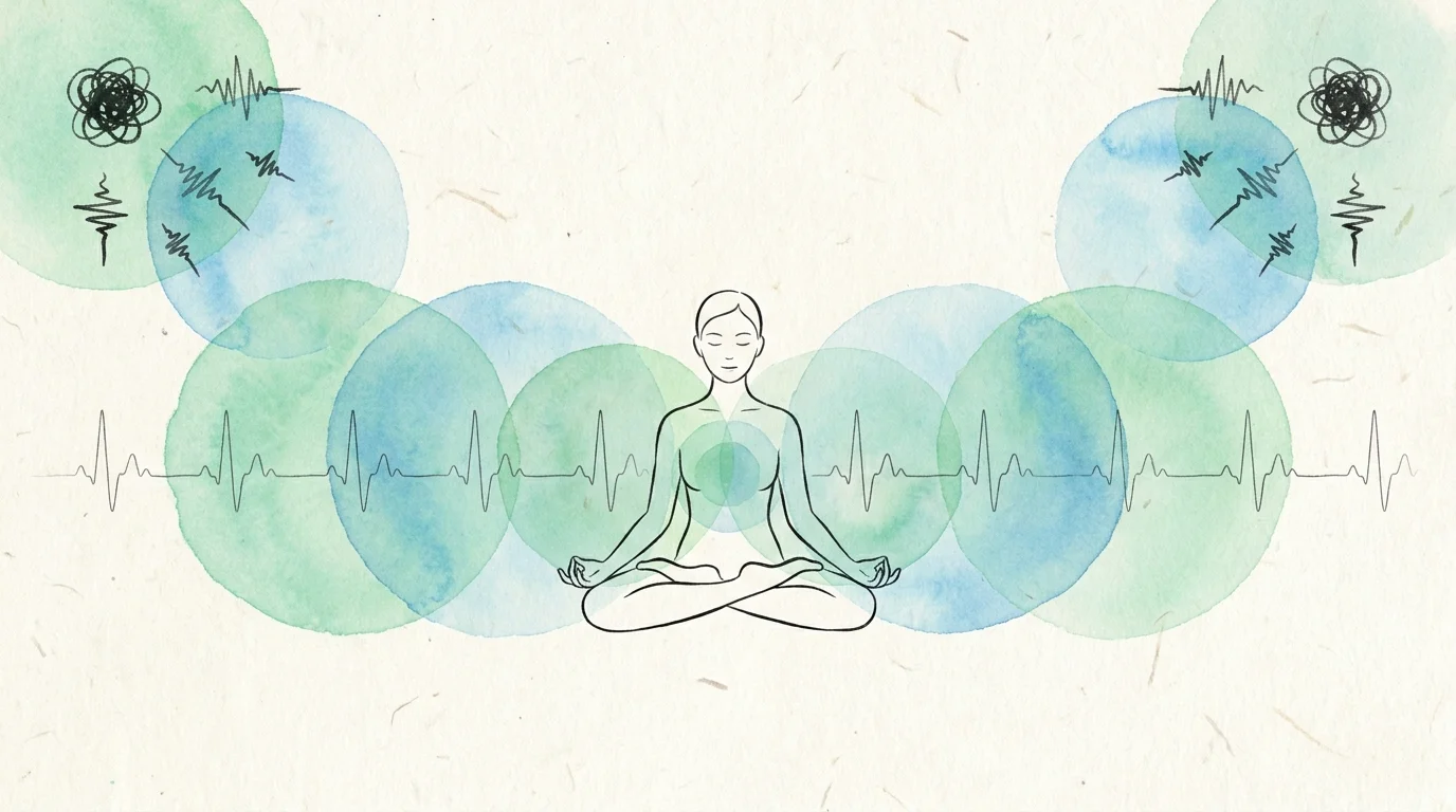 A minimalist illustration of a person in a calm state with soothing blue and green circles radiating outward.
