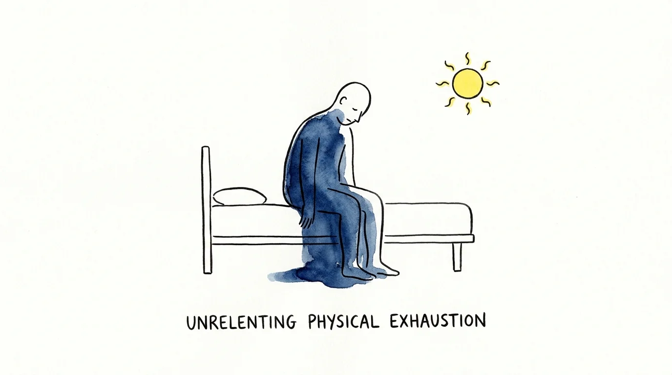 A minimalist illustration of a person slumped over, filled with a heavy blue color indicating deep fatigue.