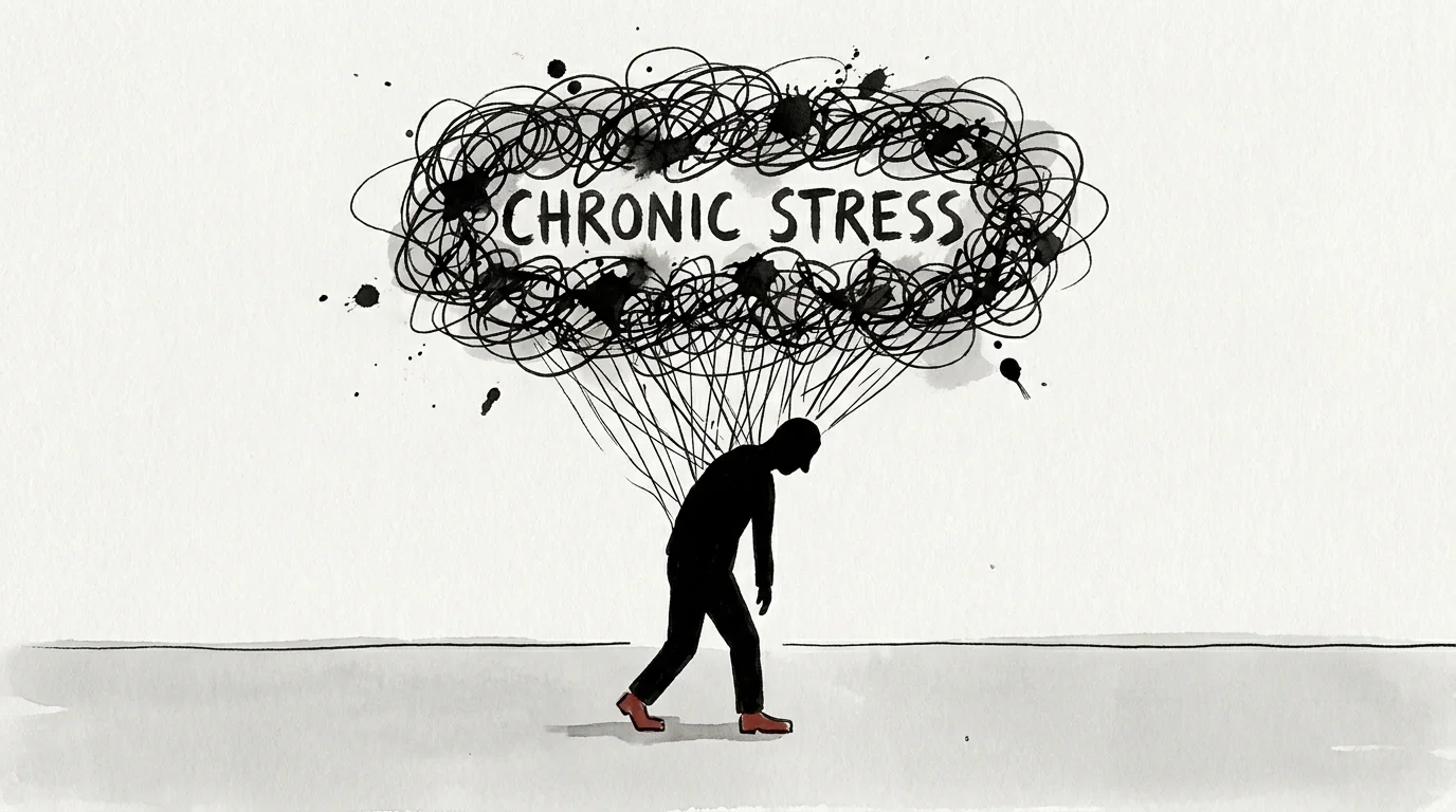 A minimalist ink drawing of a person walking while carrying a large, tangled ball of scribbled lines above their head.