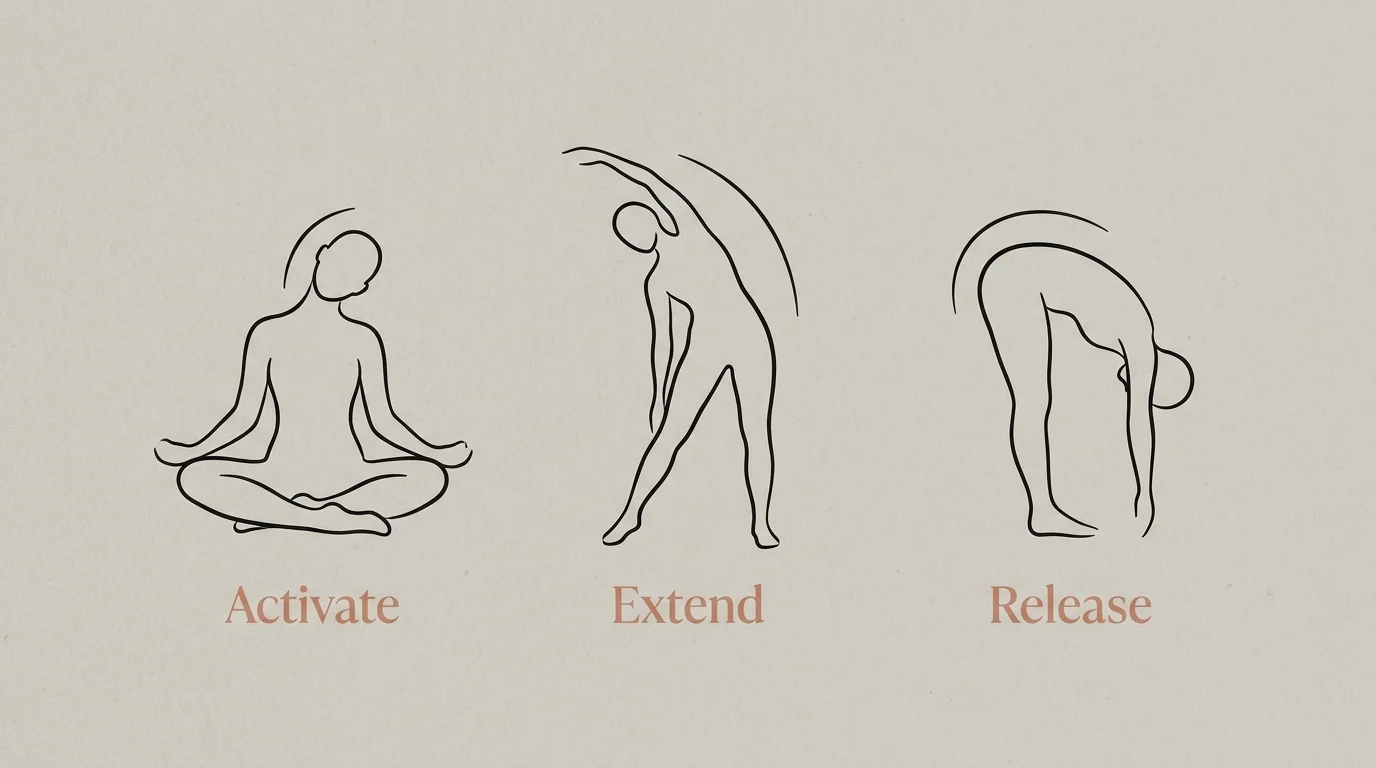 A minimalist line drawing showing a sequence of three gentle morning stretches for body activation.