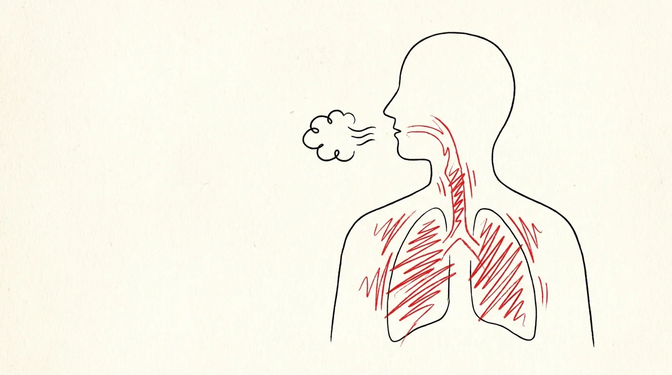 A minimalist line drawing showing vibrating red lines in a person's chest, representing a persistent morning cough.