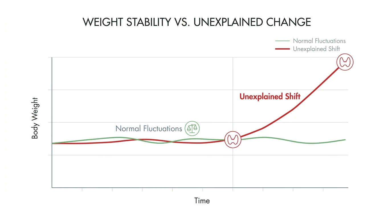 A minimalist line graph showing a sharp divergence from stable weight, labeled as a sign of thyroid dysfunction.