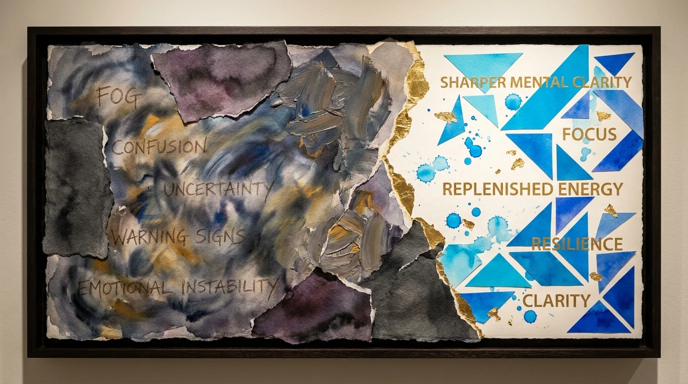 A mixed-media collage contrasting dark, blurred textures with bright, sharp blue shapes to represent mental clarity through hydration.