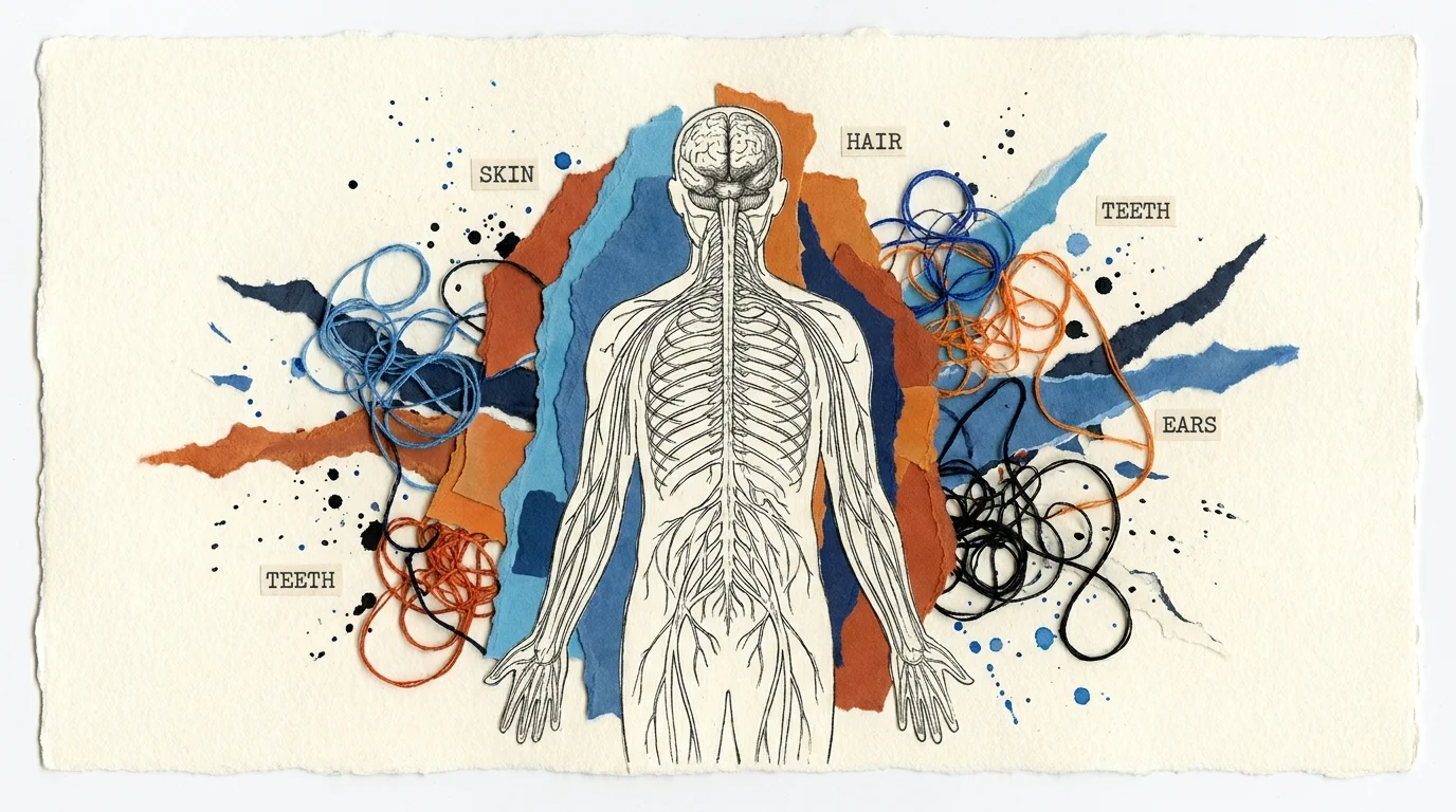 A mixed media collage of a nervous system with abstract shapes and labels indicating different body parts affected by stress.