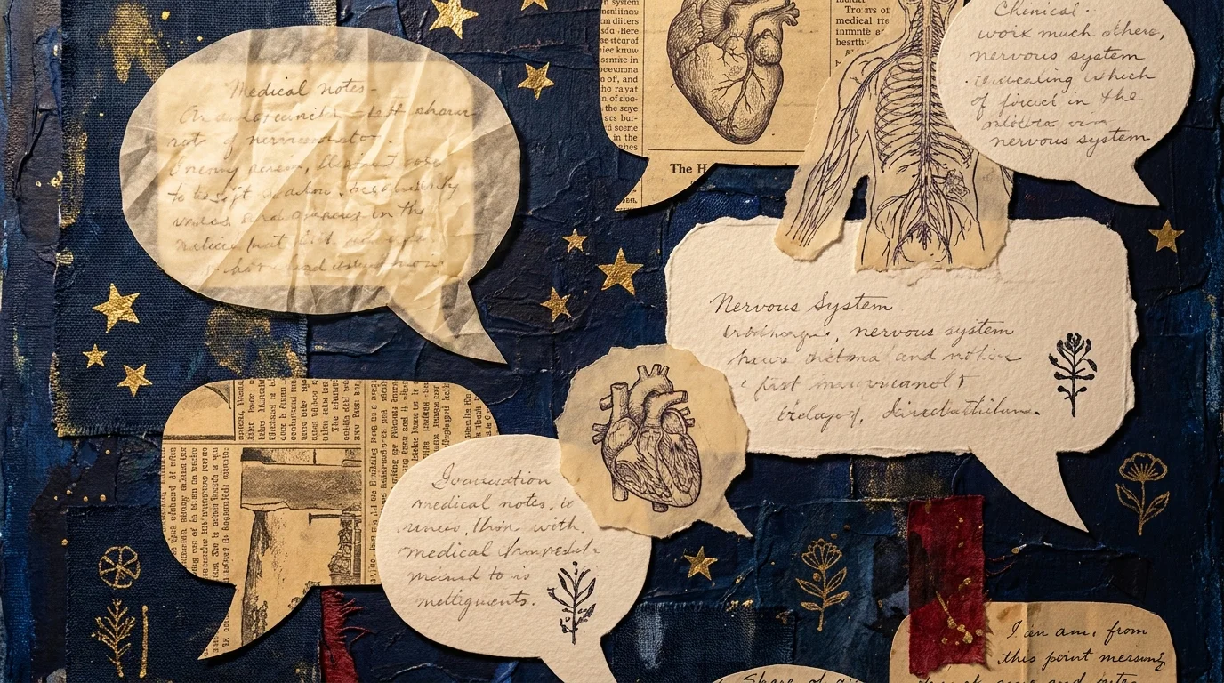 A mixed media collage of speech bubbles, medical sketches, and paper textures representing clinical perspectives.