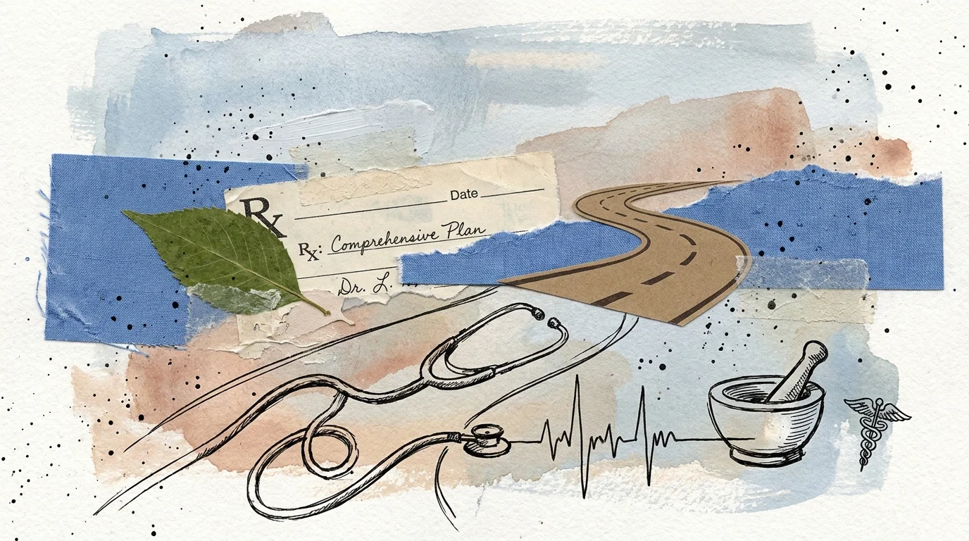 A mixed media collage representing various aspects of heart treatment, from medicine to lifestyle.