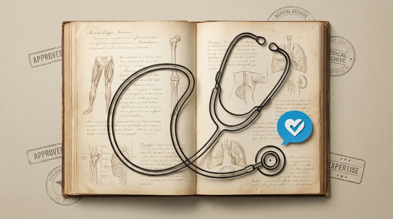 A mixed media illustration of a medical notebook with a stethoscope silhouette and a blue speech bubble.